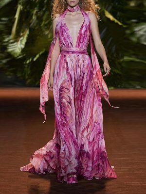 Summer Vacation Deep V Neck Printed Maxi Dress