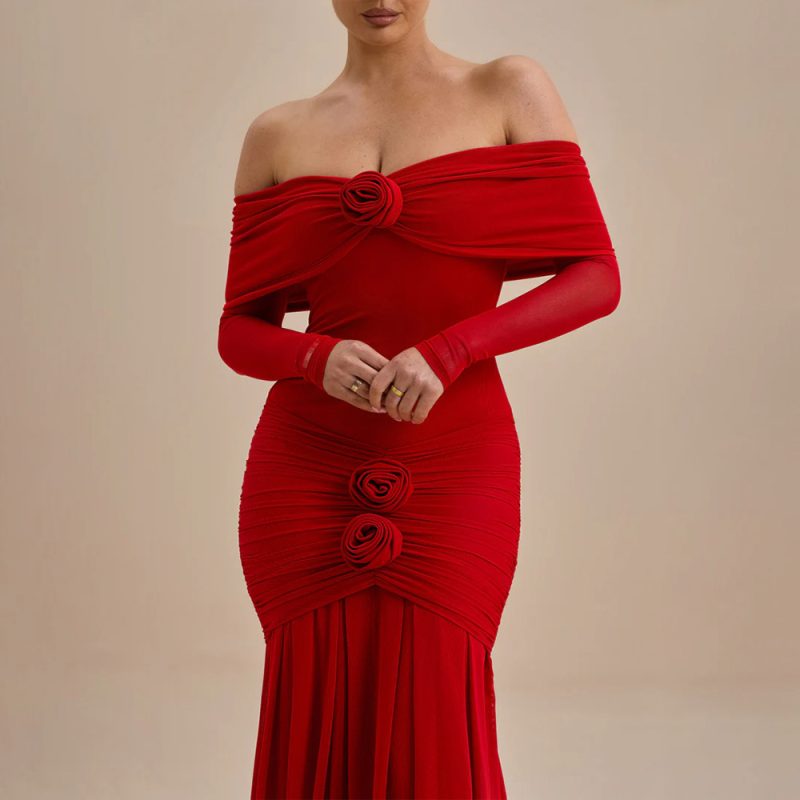 Elegant Women’s Pleated Floral Off Shoulder Spring Dress - Image 2