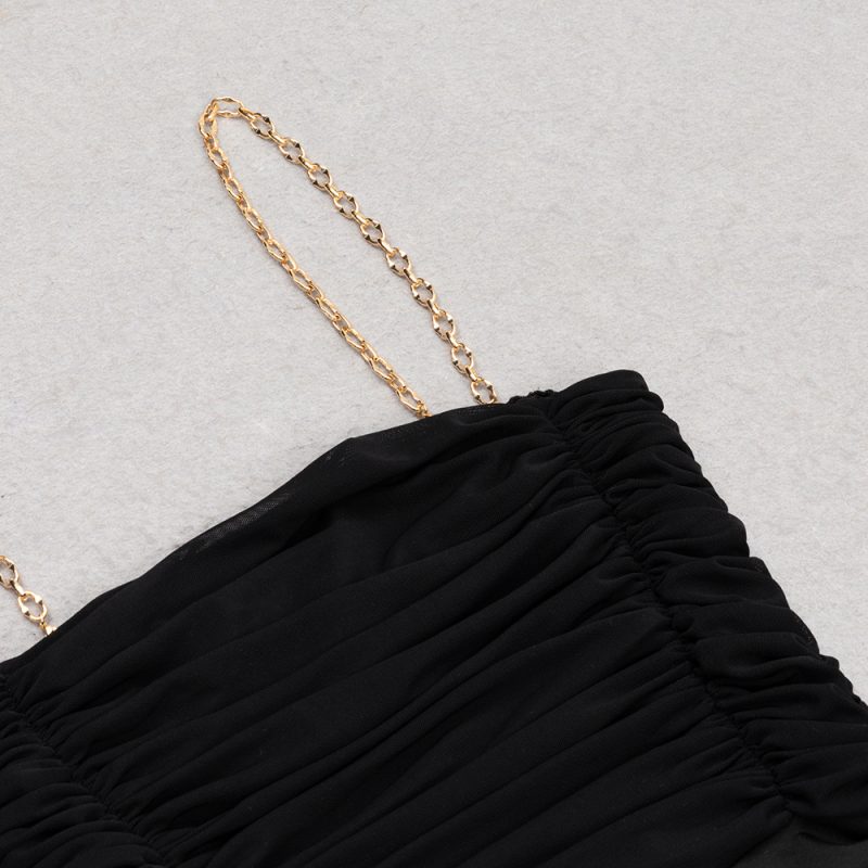Women’s Black Mesh Ruffled Pleated Chain Strap Dress - Image 4