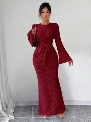Women’s Long Sleeve Crew Neck Bell Sleeve Dress