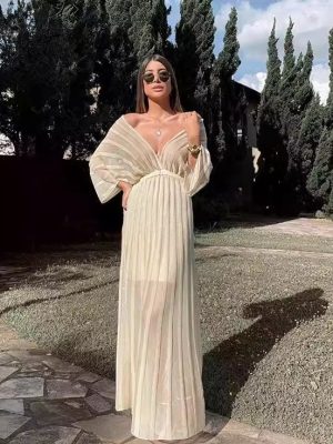 Women’s White V-Neck Dress with Shawl Sleeves