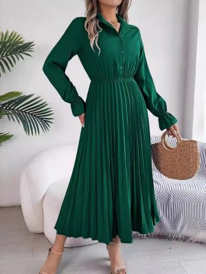 Autumn Winter Collared Buttoned Pleated Maxi Dress