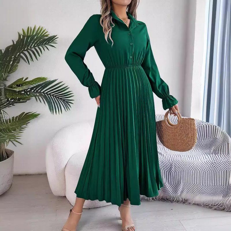 Autumn Winter Collared Buttoned Pleated Maxi Dress