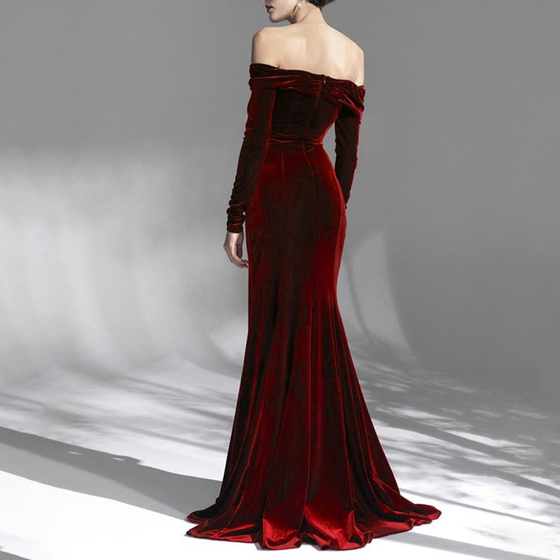 Off-Shoulder Velvet Long Sleeve Evening Gown - Image 2