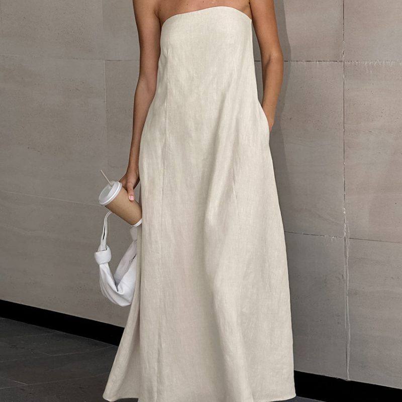 Spring Vacation Khaki Cotton Linen Backless Dress - Image 2
