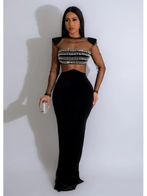 Women’s Solid Color Mesh Rhinestone Long Sleeve Dress