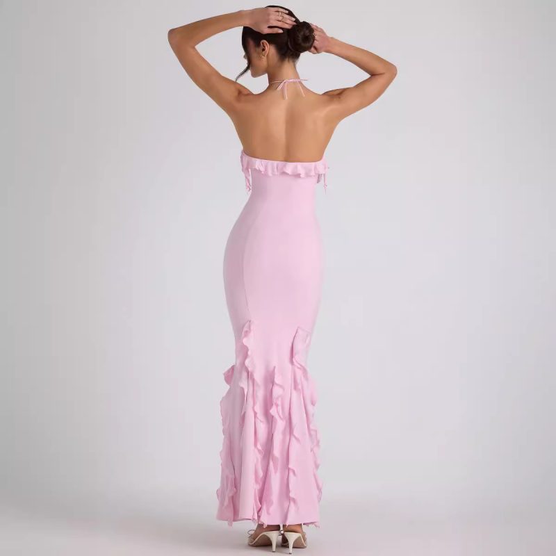 Women’s Pleated Ruffle Halter Backless Summer Maxi Dress - Image 2