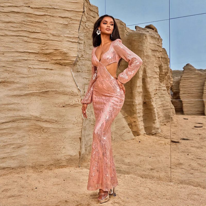 Women’s Evening Gown with Sequins and V-Neck - Image 4
