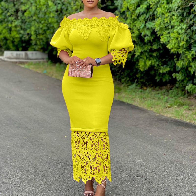 Classic Off-Shoulder Neck Elegant Lace Stitching Dress