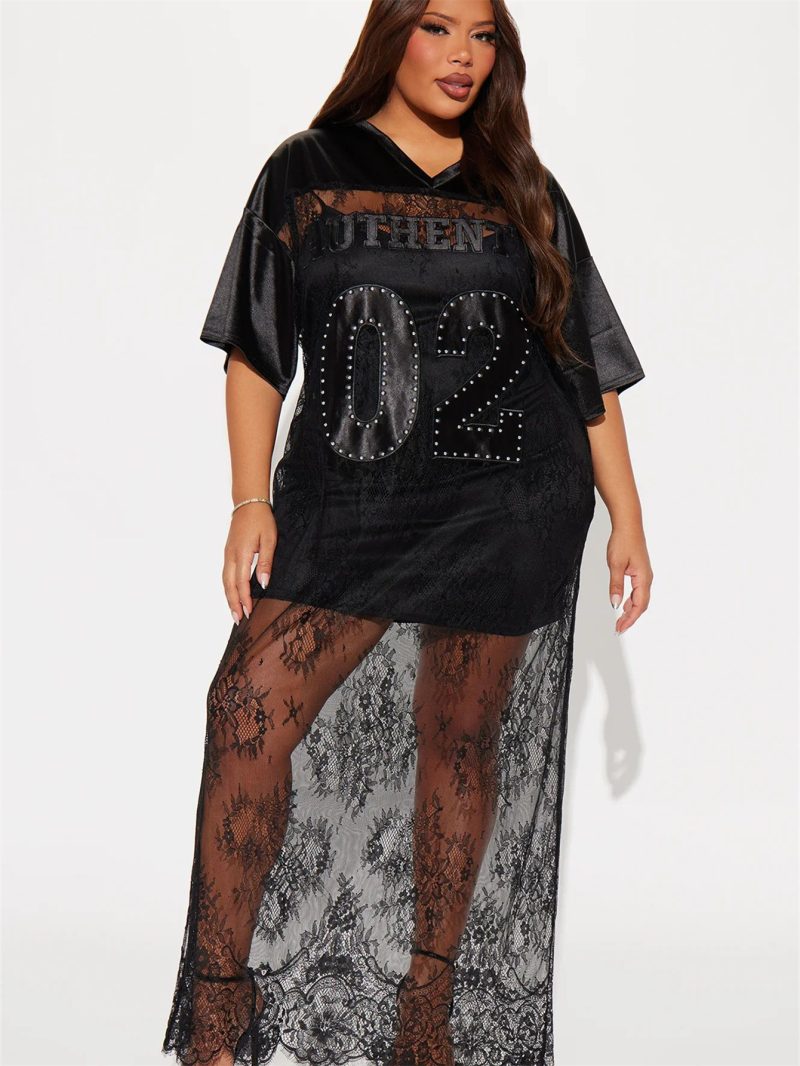Women’s Loose V-Neck Lace Cutout Maxi Dress - Image 2