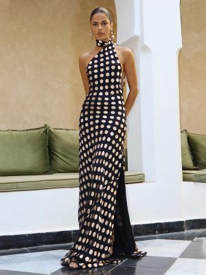 Elegant Halter Backless Polka Dot Chiffon Dress