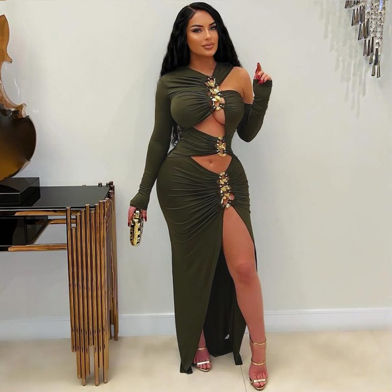 Black Hollow Out Cutout Long Split Dress
