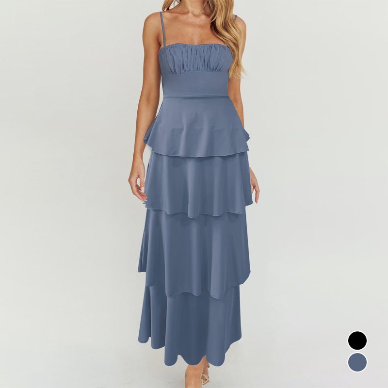 Backless Suspender Layered Pleated Lace-Up Dress