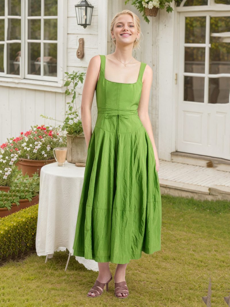 Women’s Summer Green Square Collar Suspender Dress - Image 2