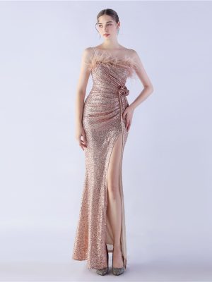 Women’s Ostrich Feather Floral High-End Evening Dress