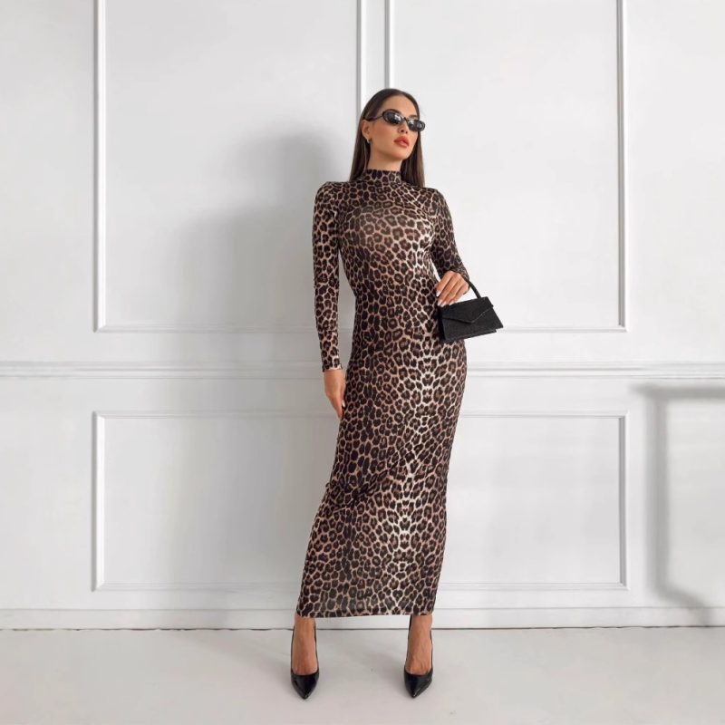 Women’s Autumn Leopard Print Stand Collar Maxi Dress - Image 3