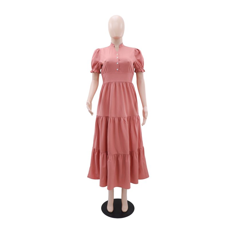 Solid Color V-Neck Button A-Line Dress - Image 2