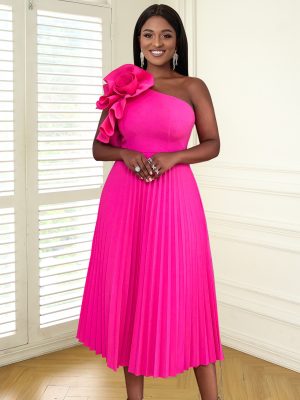 Sexy One Shoulder Floral Pleated Party Dress