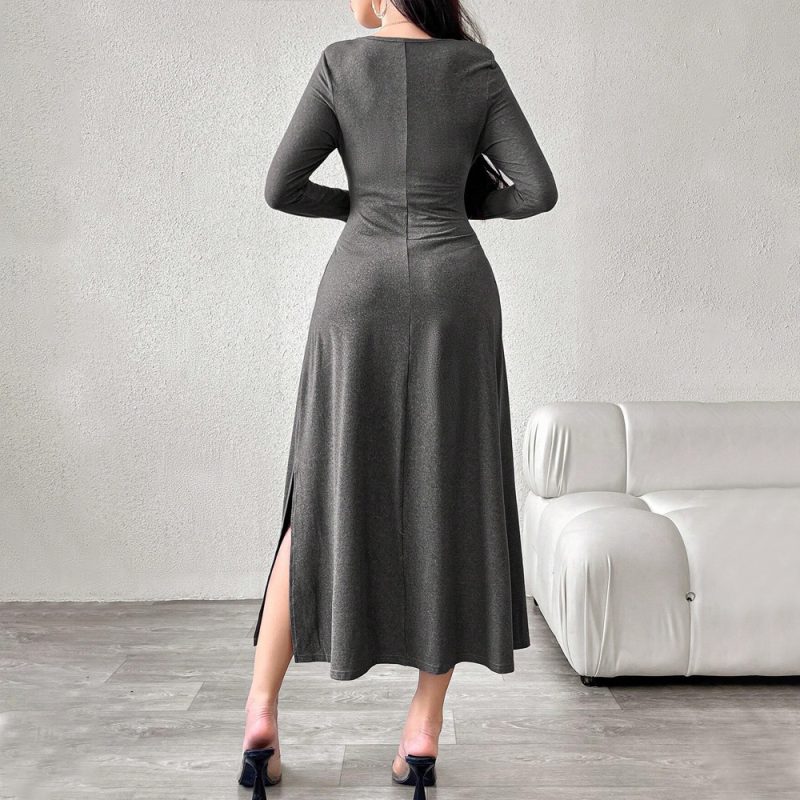 Autumn Winter Square Neck Pleated Midi Dress - Image 4