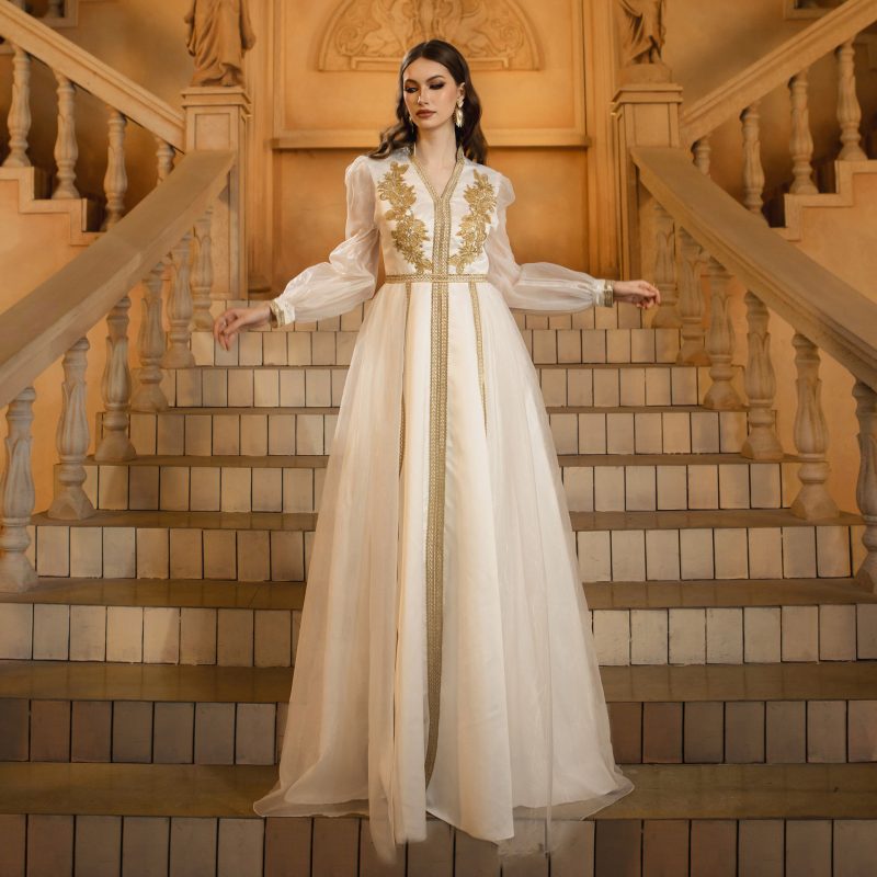 Women’s Embroidered Mesh V-Neck Long Sleeve Evening Dress - Image 4
