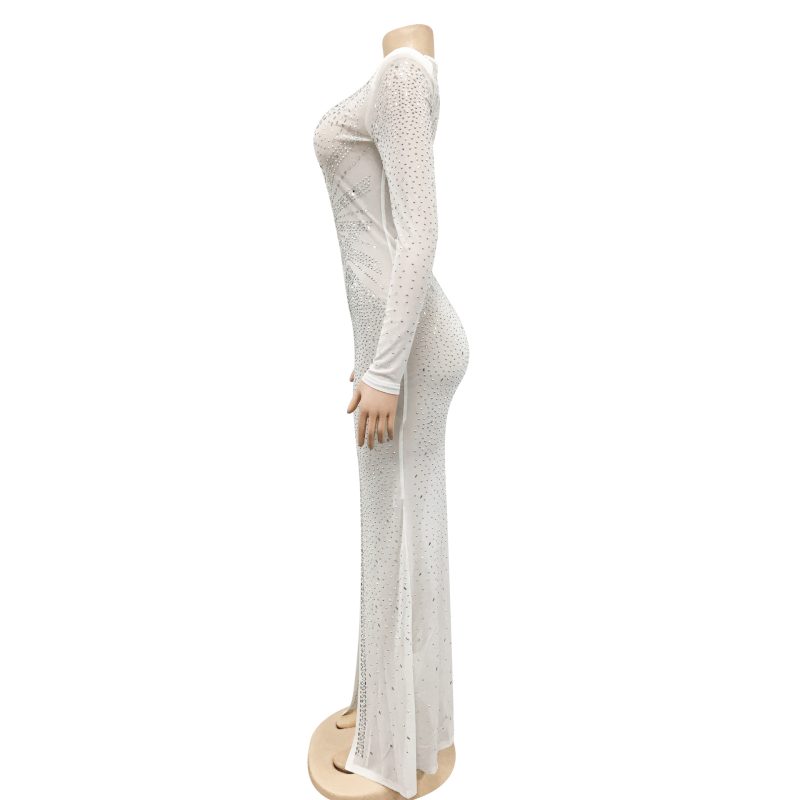 Women’s Rhinestone Mesh Long Sleeve Split Maxi Dress - Image 3