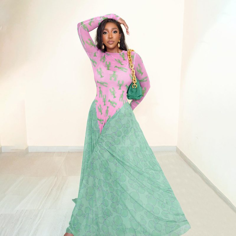 Women’s Autumn Retro Mesh Contrast Color Printed Dress - Image 3