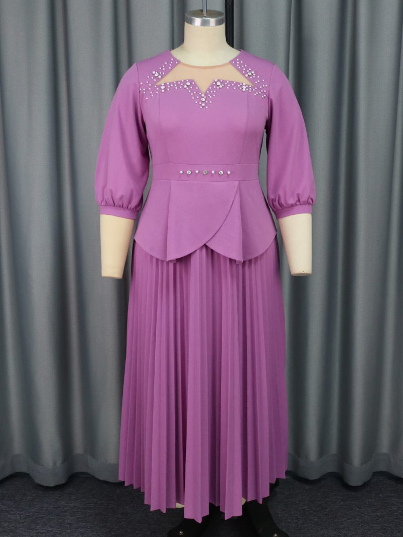 Beaded Pleated A-Line Party Dress with Sleeves - Image 2