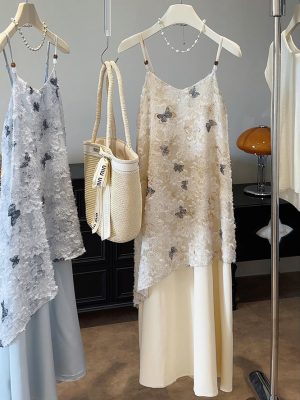 Faux Two-Piece Crochet Contrast Color Midi Dress