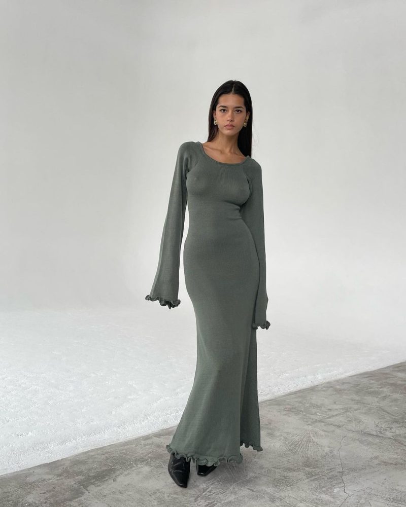 Backless High Waist Lace Up Woolen Dress - Image 2