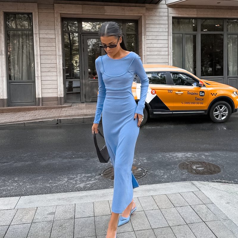 Autumn Blue Slim Fit Knitted Split Dress