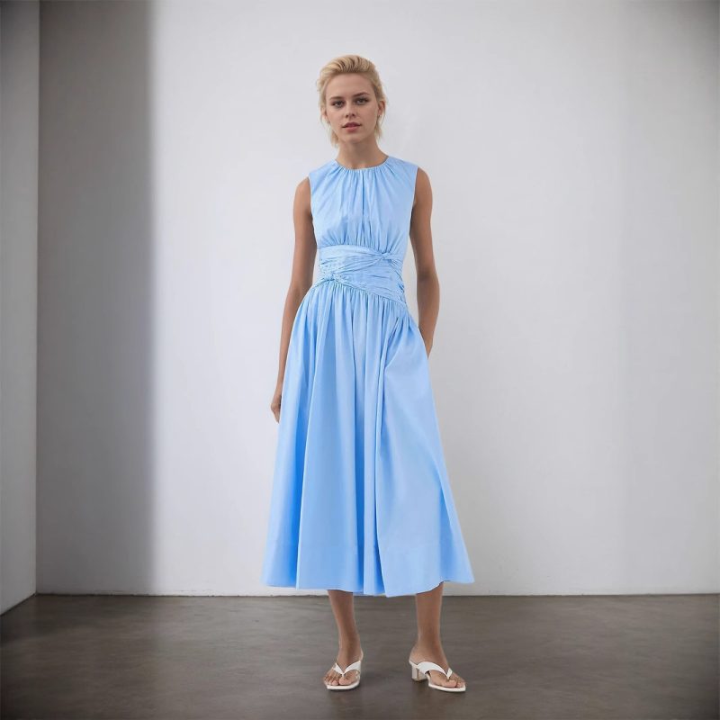 Elegant Blue Round Neck Pleated Swing Dress