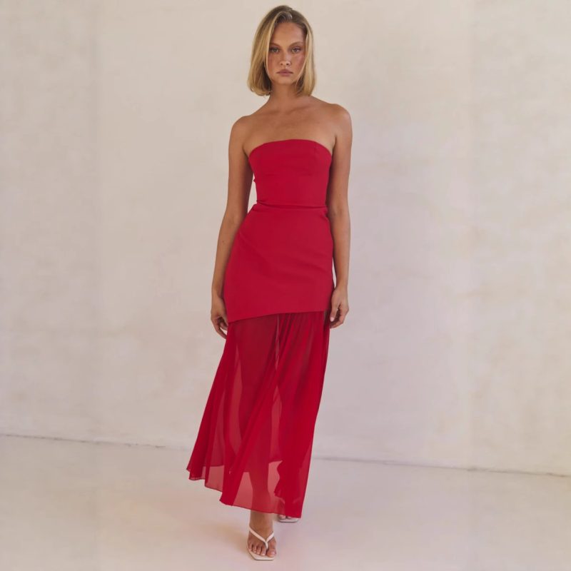 Elegant Tube Top Mesh Stitching Bodycon Dress