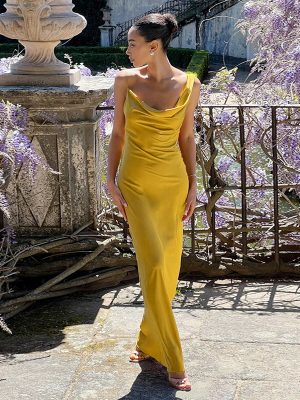 Sling Pocket Collar Backless Satin Evening Dress