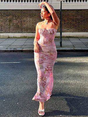 Trendy Wrapped Chest Halter Printed Slim Fit Dress