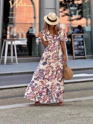 V-Neck Printed Ruffled Short Sleeve Vacation Dress