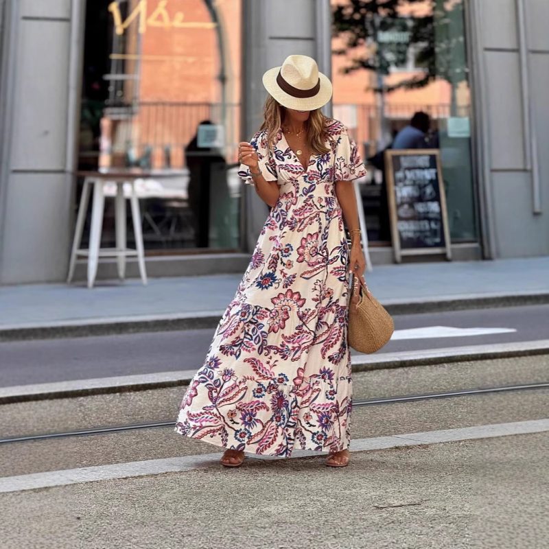 V-Neck Printed Ruffled Short Sleeve Vacation Dress