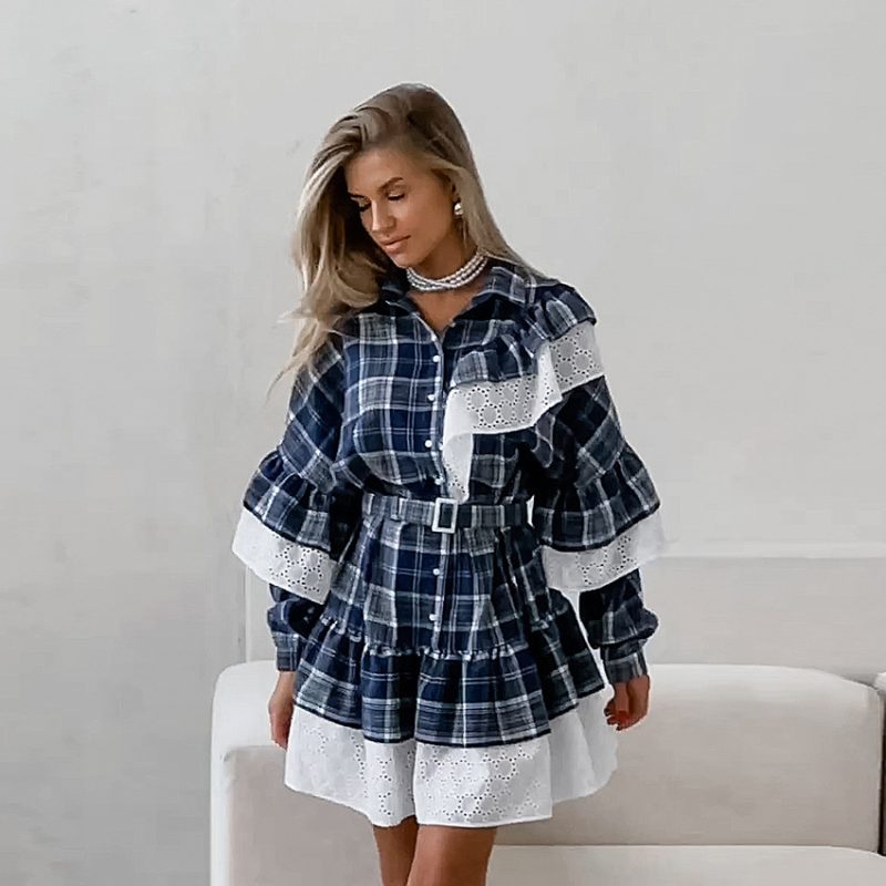 Retro Plaid Ruffled Asymmetric Short Dress - Image 2