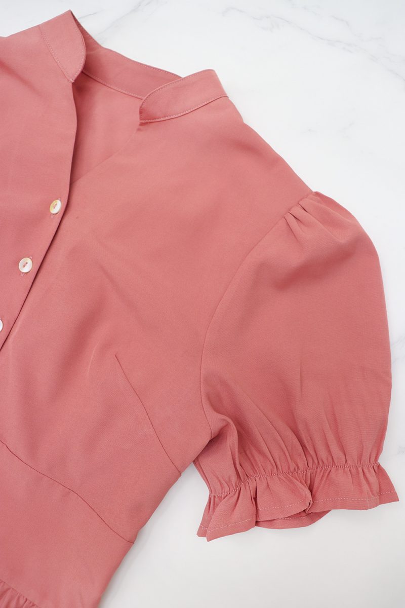 Solid Color V-Neck Button A-Line Dress - Image 3