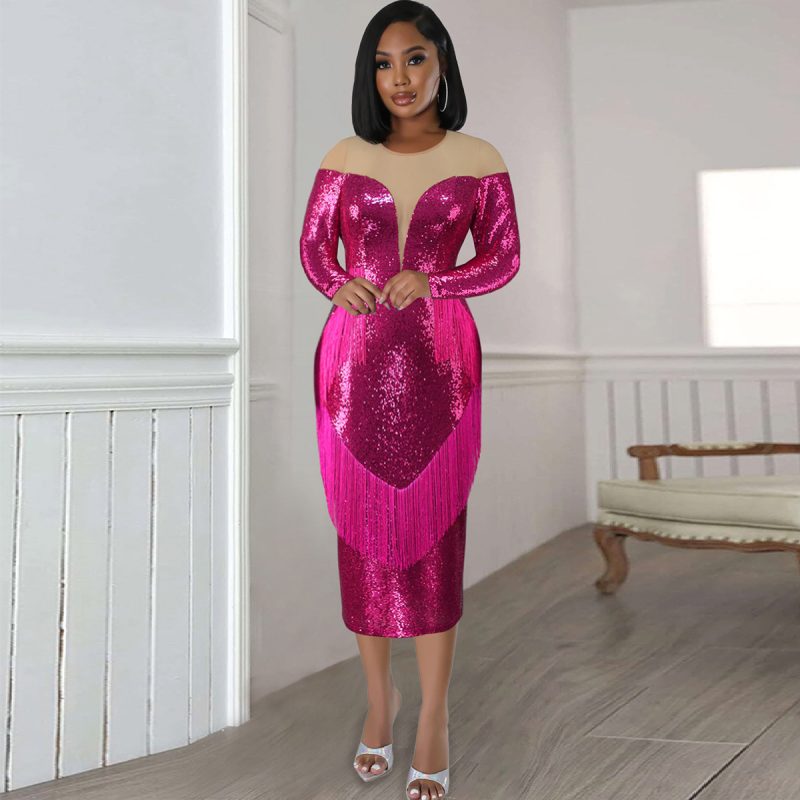 Women’s V Neck Sequin Tassel Patchwork Party Dress