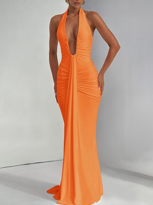 Spring Summer Deep V Halter Pleated Slim Dress