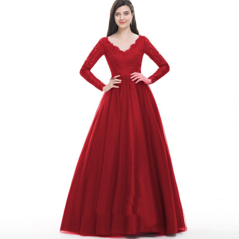 Mesh Lace Long Sleeve Bridal Evening Maxi Dress