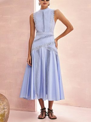 Women’s Lace Cutout Stand Collar Ruffled Maxi Dress