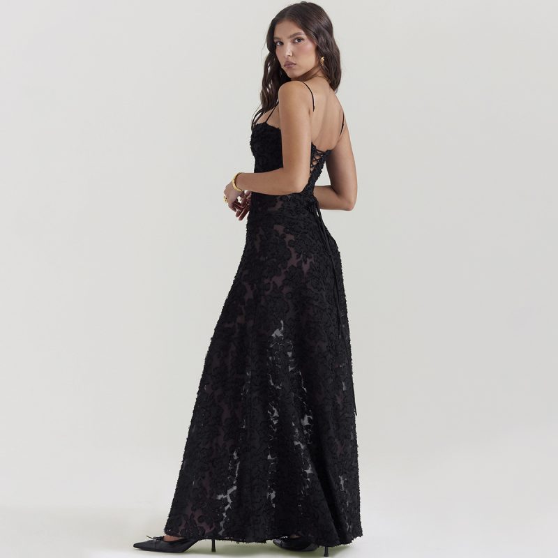 Women Black See-Through Backless Maxi Evening Dress - Image 4