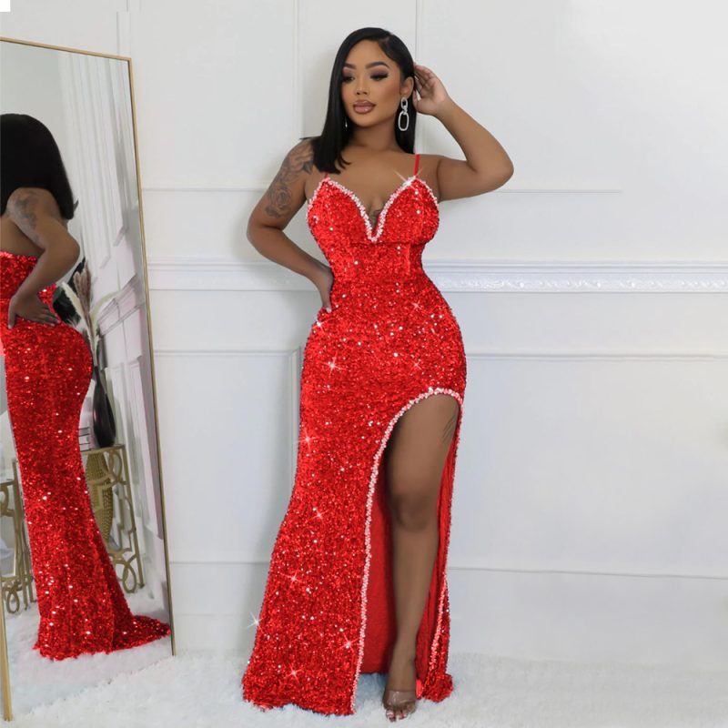 V Neck Sequin High Slit Evening Dress