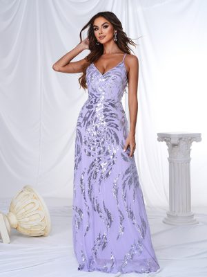 Women’s Sequin V-Neck Slim Waist Evening Dress