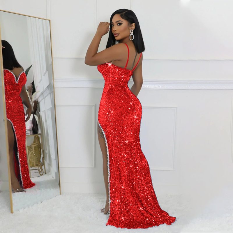 V Neck Sequin High Slit Evening Dress - Image 2