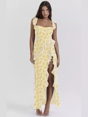 Summer French Strap Printed Dress with Split Detail