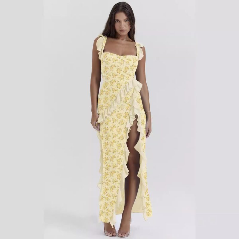 Summer French Strap Printed Dress with Split Detail