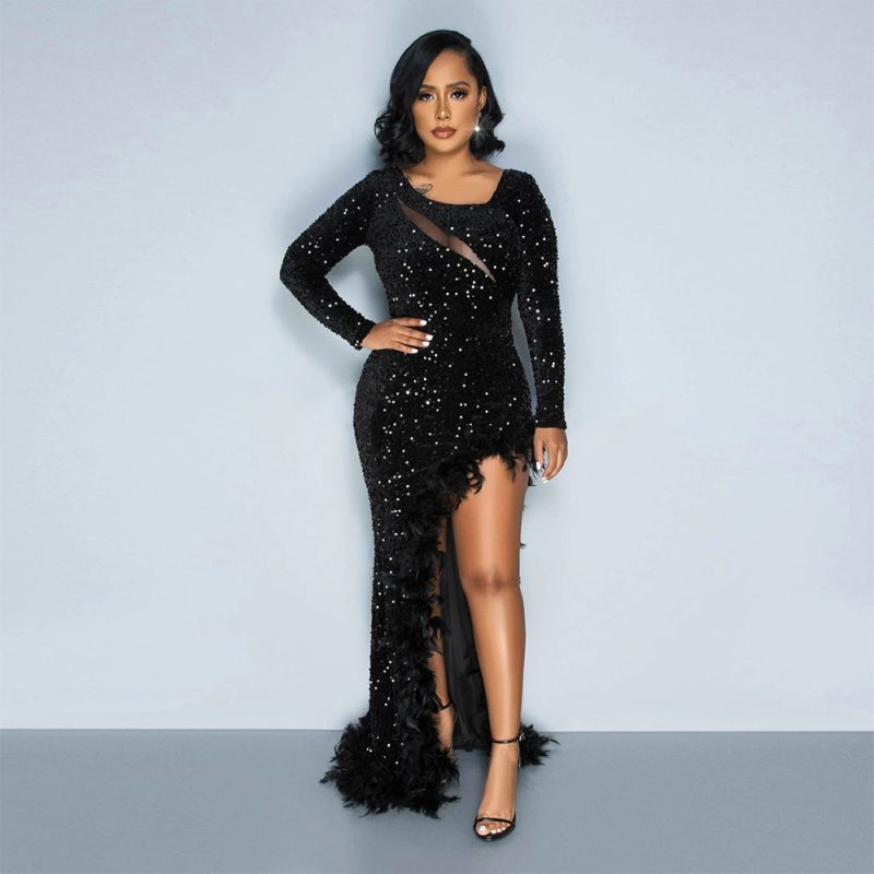 Women’s Round Neck Feather Sequin Sheath Dress