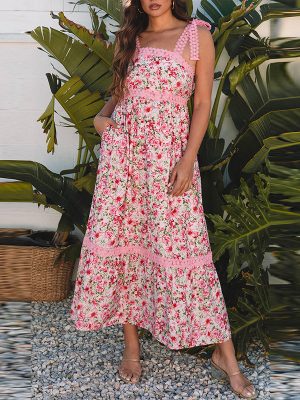 Spring Summer Floral Print Lace Patchwork Maxi Dress